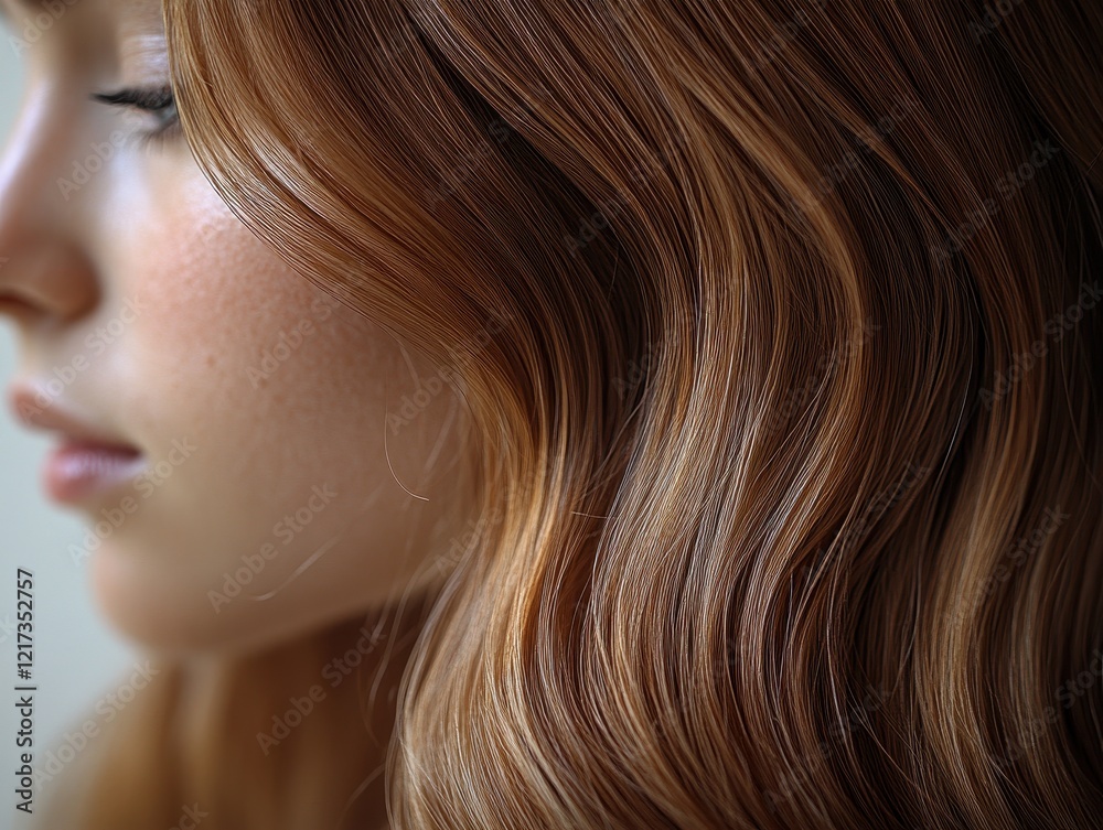 Close-up of wavy, reddish-brown hair and a woman's profile. Close-up of wavy, reddish-brown hair and a woman's profile.