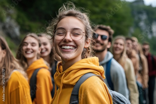 Group of Young Adults Enjoying a Day Outdoors with Bright Smiles in a Scenic Natural Setting, Showcasing Friendship and Joy in Nature