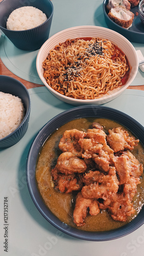Yangnyeom chikin or korean fried chicken and ramyun noodles with rice served on a casual dining table
