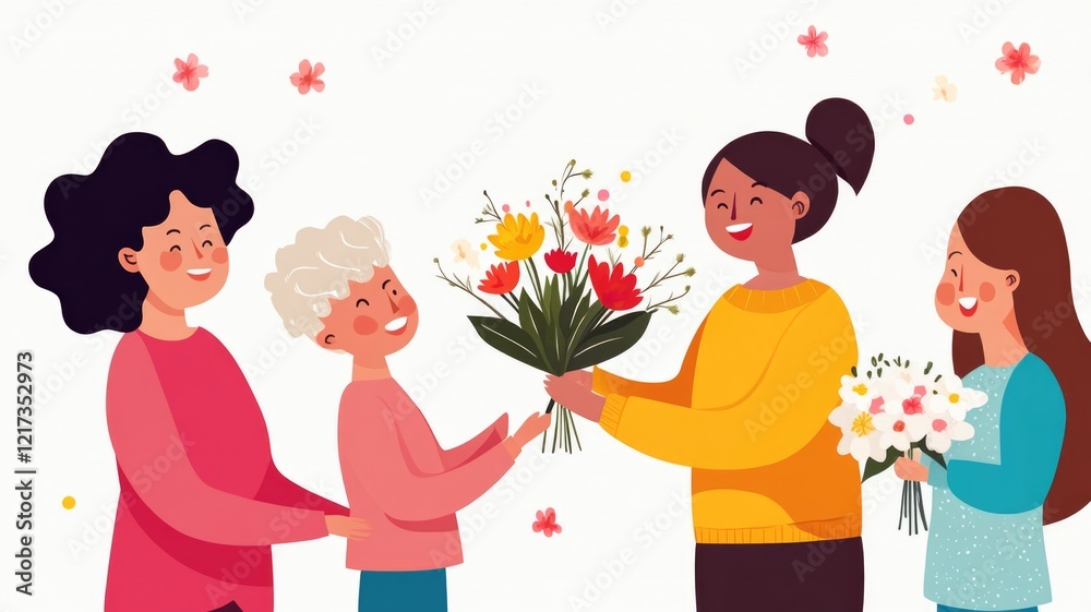 Joyful gathering of women with flowers and smiles in a cheerful setting,,International Women's Day Joyful gathering of women with flowers and smiles in a cheerful setting,,International Women's Day