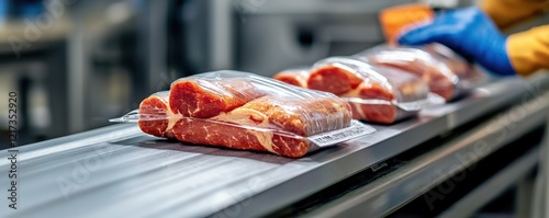 food safety hygiene training concept. Packaged meat products on a conveyor belt in a processing facility.