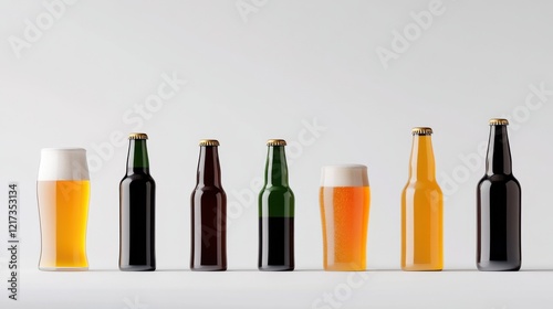 A minimalistic beer lineup with glowing brews on a white background