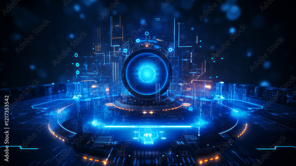 Obraz premium Quantum computer processing data and illuminating digital cyberspace with glowing lights and complex circuitry