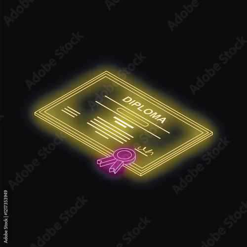 Glowing neon diploma with ribbon symbolizing graduation, academic success, and educational achievement