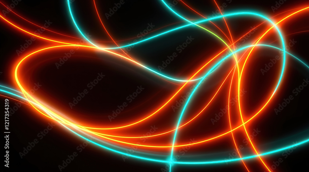 Abstract digital illustration, glowing bioluminescent lines, dark background, vibrant colors, dynamic composition, sense of movement and energy Abstract digital illustration, glowing bioluminescent lines, dark background, vibrant colors, dynamic composition, sense of movement and energy