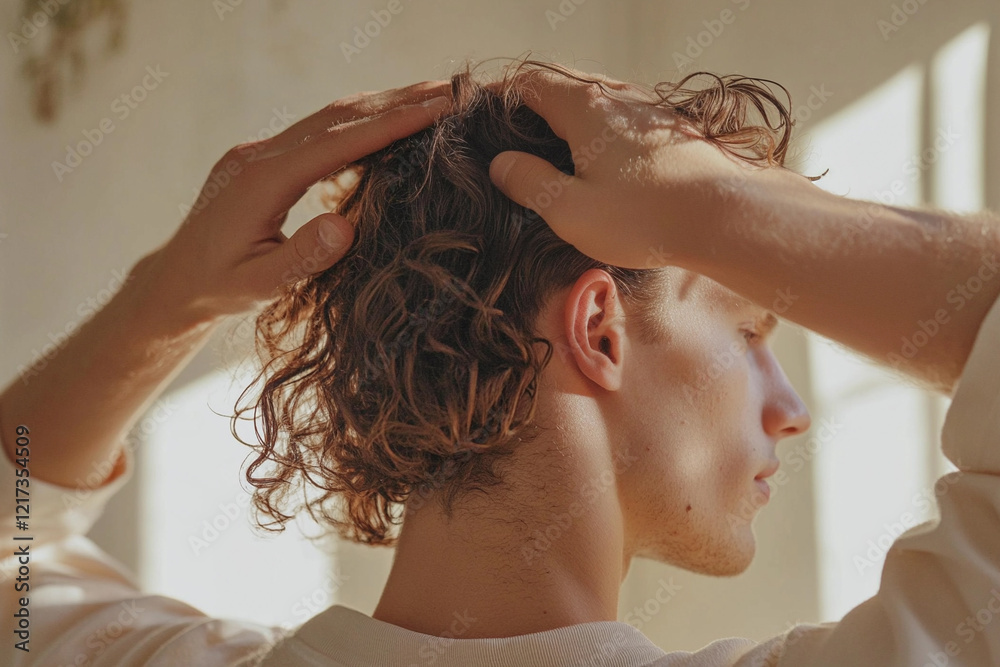Naklejka premium A curly-haired man caring for his hair, styling it. Men's wavy hair styling.