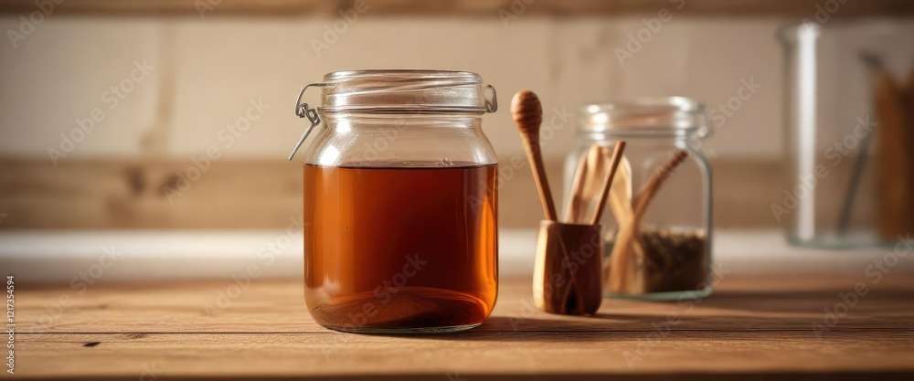 Glass jar filled with brown medicinal liquid on a wooden table, medical equipment, apothecary jar, brown medicinal liquid Glass jar filled with brown medicinal liquid on a wooden table, medical equipment, apothecary jar, brown medicinal liquid
