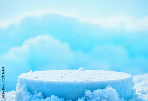 Ice background podium cold winter snow product platform floor frozen mountain iceberg. Podium glacier cool ice background stage landscape display icy stand photo