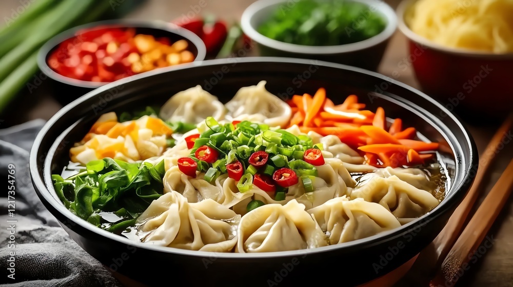 Jiaozi in a hot pot soup, surrounded by colorful vegetables and noodles, symbolizing prosperity Jiaozi in a hot pot soup, surrounded by colorful vegetables and noodles, symbolizing prosperity