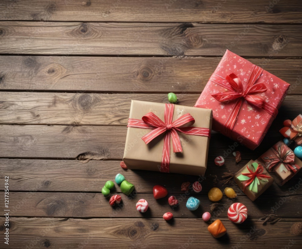 Gift boxes filled with festive treats and candies on a rustic wooden surface, Christmas treats, Gift boxes, festive elements Gift boxes filled with festive treats and candies on a rustic wooden surface, Christmas treats, Gift boxes, festive elements