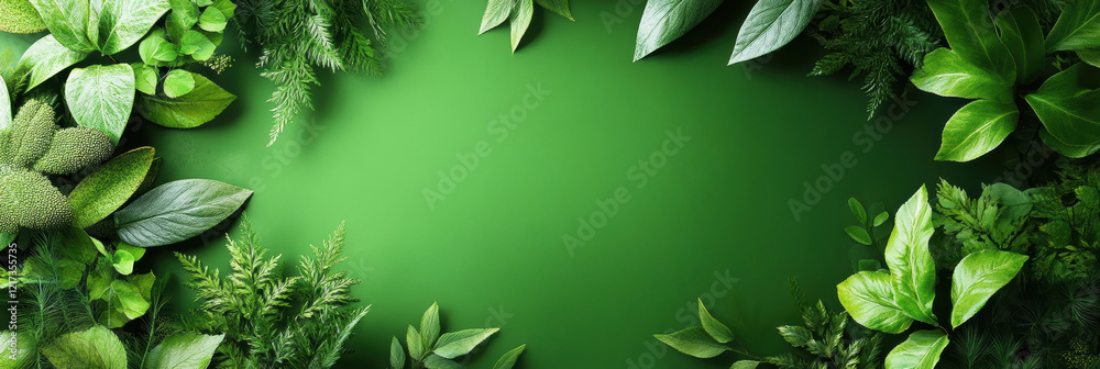 Fototapeta premium Creative graphic layout for promotional flyer featuring lush green foliage