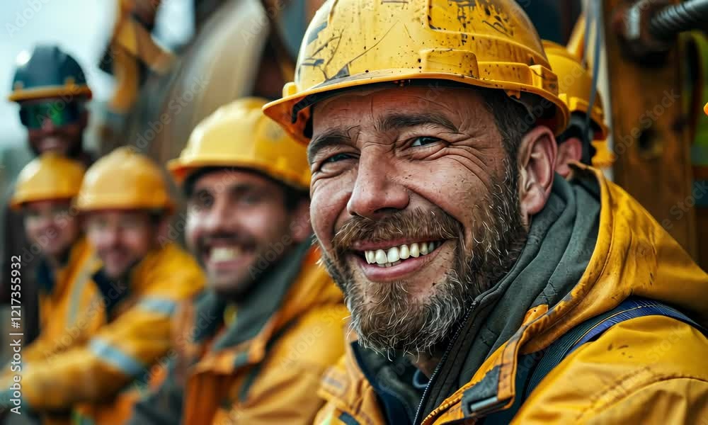 Workers in safety gear smiling together during a break at a construction site Workers in safety gear smiling together during a break at a construction site