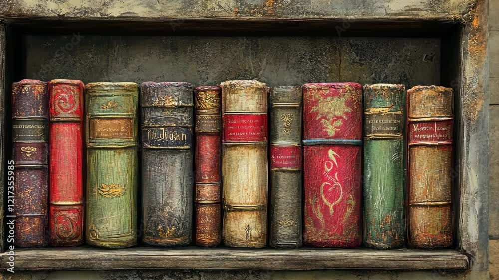 Old dusty books lined on a wooden shelf in a vintage style library captured in a dimly lit room Old dusty books lined on a wooden shelf in a vintage style library captured in a dimly lit room