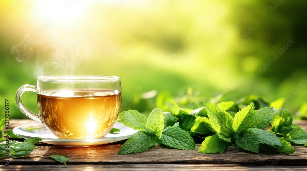 Fresh Mint Tea in Clear Cup Surrounded by Mint Leaves Outdoors Fresh Mint Tea in Clear Cup Surrounded by Mint Leaves Outdoors