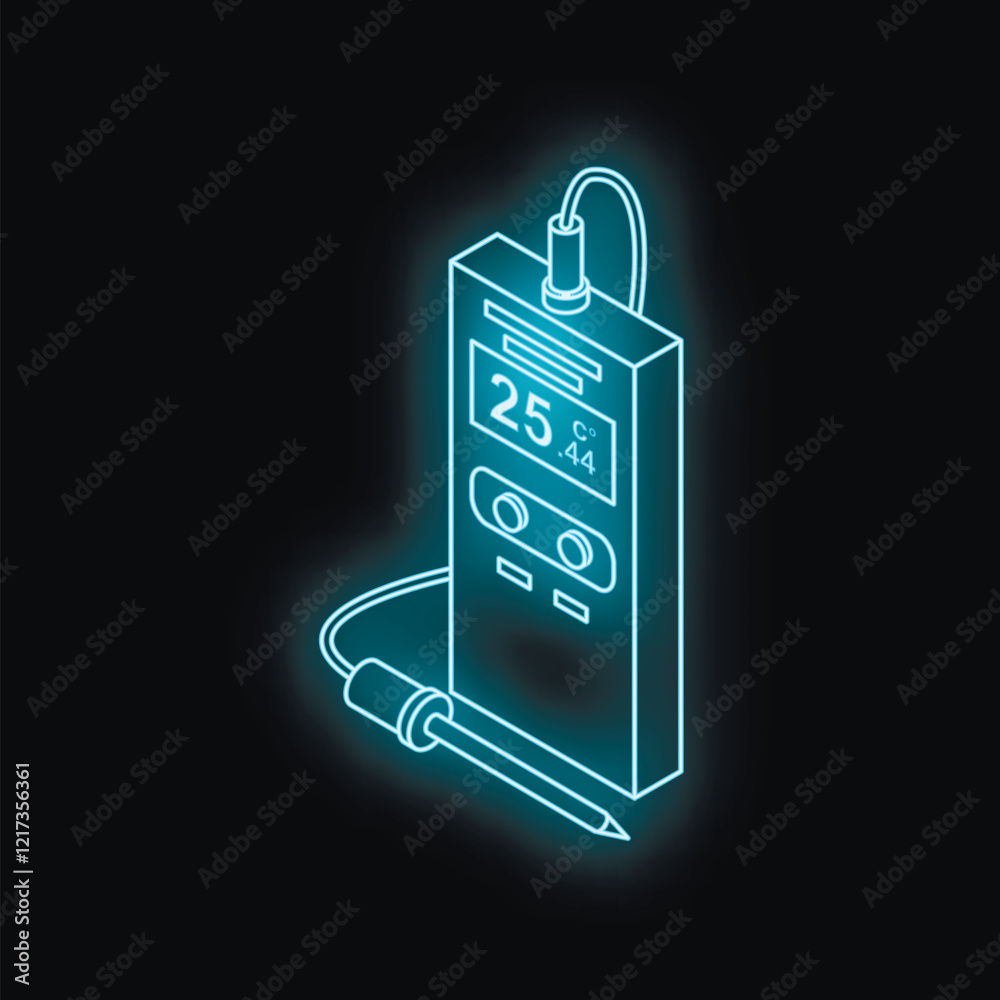 Glowing neon digital thermometer displaying temperature reading in celsius, suitable for scientific or industrial applications