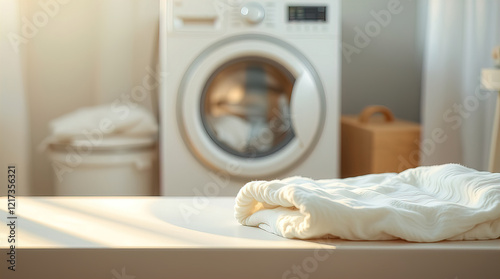 white table decorated with neatly folded piles of clean linen and towels in laundry room; washing machine in the background creating homely atmosphere in the room