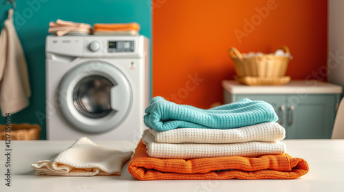 white table decorated with neatly folded piles of clean linen and towels in laundry room; washing machine in the background creating homely atmosphere in the room
