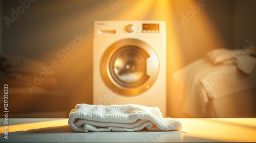 white table decorated with neatly folded piles of clean linen and towels in laundry room; washing machine in the background creating homely atmosphere in the room