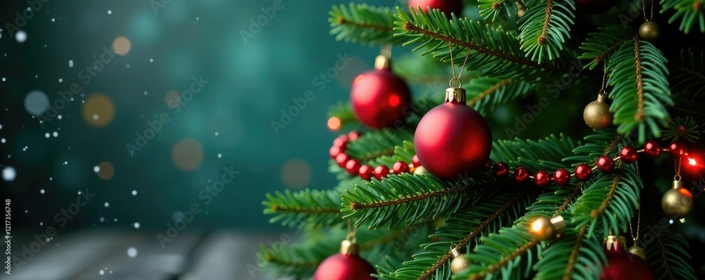 Evergreen tree with red glass balls and garland, winter wonderland, gift wrapping, evergreen trees Evergreen tree with red glass balls and garland, winter wonderland, gift wrapping, evergreen trees
