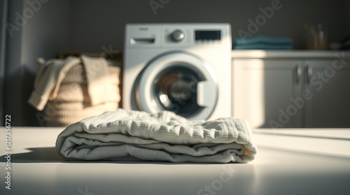 white table decorated with neatly folded piles of clean linen and towels in laundry room; washing machine in the background creating homely atmosphere in the room