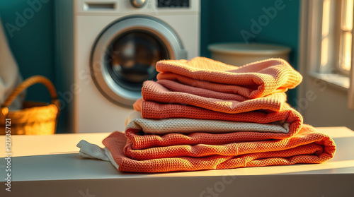 white table decorated with neatly folded piles of clean linen and towels in laundry room; washing machine in the background creating homely atmosphere in the room