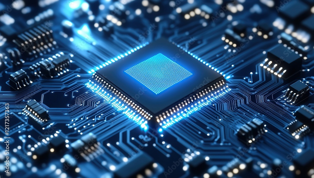 A dark blue, glowing chip floats in the center of an intricate network made up of black and white circuit A dark blue, glowing chip floats in the center of an intricate network made up of black and white circuit