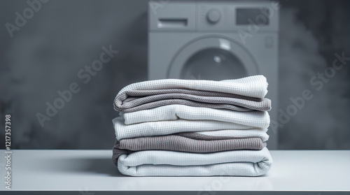 white table decorated with neatly folded piles of clean linen and towels in laundry room; washing machine in the background creating homely atmosphere in the room
