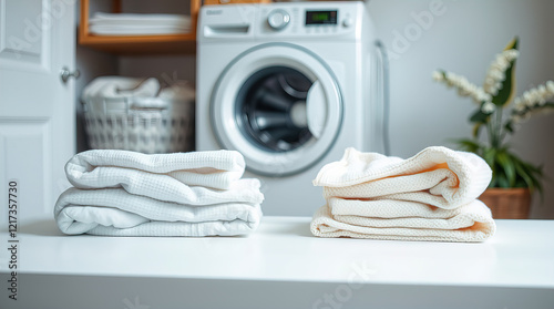 white table decorated with neatly folded piles of clean linen and towels in laundry room; washing machine in the background creating homely atmosphere in the room