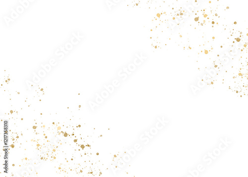 Gold glitter shiny particles, glow, golden splatter. Border of festive golden sparkle placer