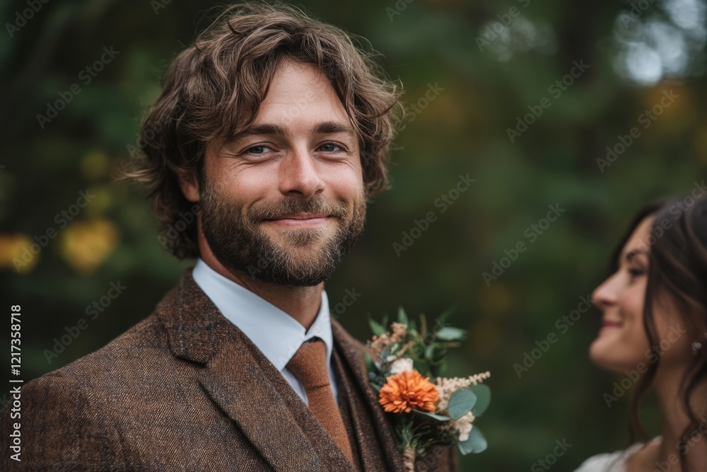 Groom smiling during wedding ceremony, wearing brown tweed suit and boutonniere Groom smiling during wedding ceremony, wearing brown tweed suit and boutonniere