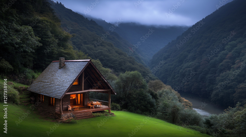 Secluded Mountain Cabin: A cozy wooden cabin nestled amidst rolling hills and a winding river, bathed in the soft glow of twilight, offers a serene escape from the everyday. Secluded Mountain Cabin: A cozy wooden cabin nestled amidst rolling hills and a winding river, bathed in the soft glow of twilight, offers a serene escape from the everyday.