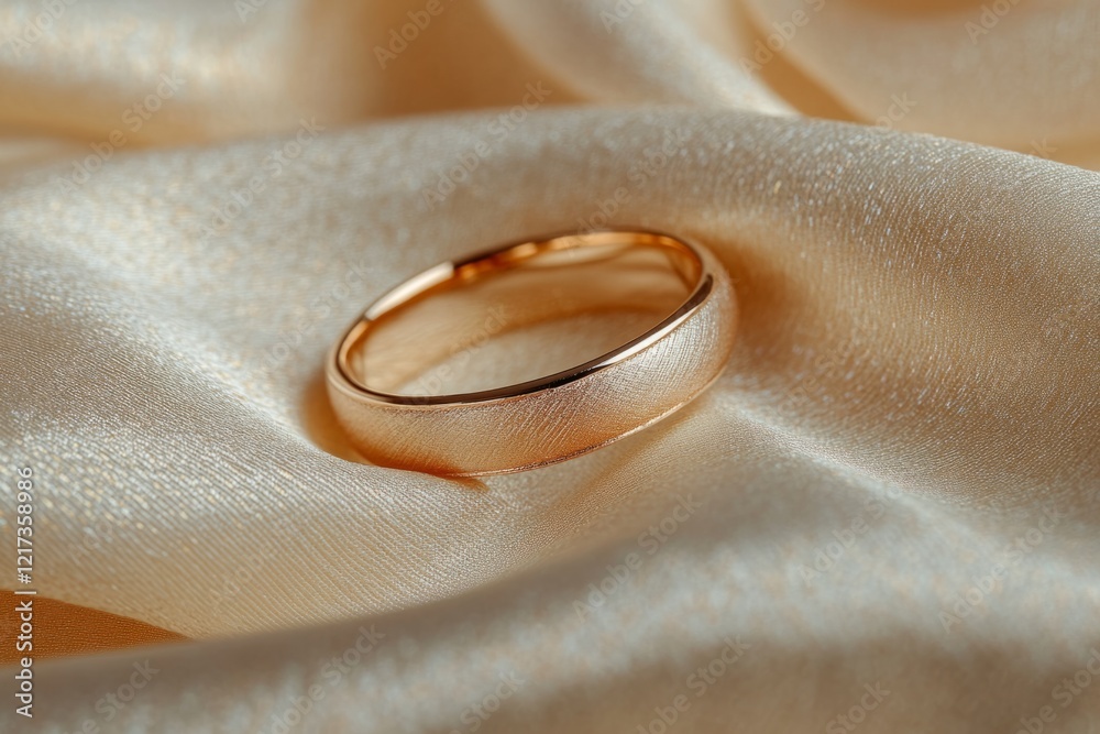 Simple golden ring rests on a soft, luxurious satin fabric, creating a sense of elegance and sophistication Simple golden ring rests on a soft, luxurious satin fabric, creating a sense of elegance and sophistication