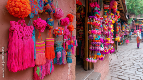 Vibrant Handmade Crafts and Textiles Displayed in a Traditional Market photo