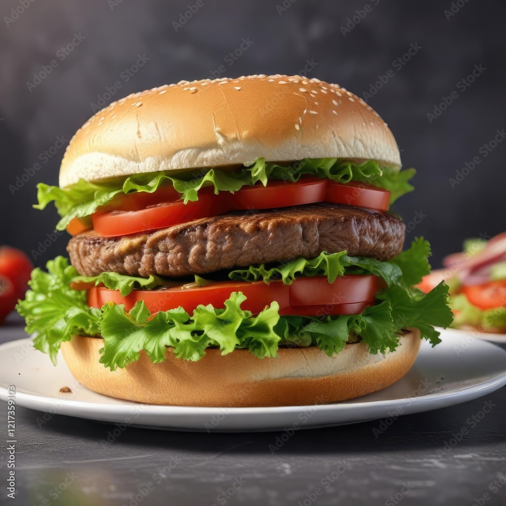 Half hamburger sandwich with lettuce and tomato on a plate, salad, toppings, sandwich Half hamburger sandwich with lettuce and tomato on a plate, salad, toppings, sandwich