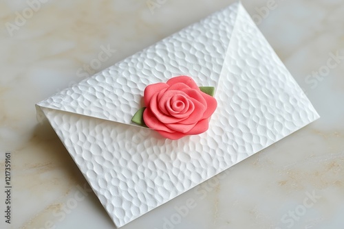 A beautifully textured white envelope adorned with a pink rose, perfect for invitations or special messages.