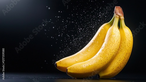 Banana splashing with water on black background with overripe banana bunch beside it photo