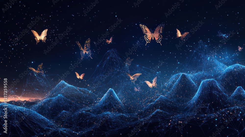 Fototapeta premium Glowing butterflies fly over a digital mountain range at night.