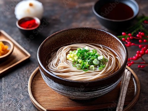 A traditional New Year s table setting featuring Toshikoshi Soba and Tai, complemented by sake and mochi desserts photo