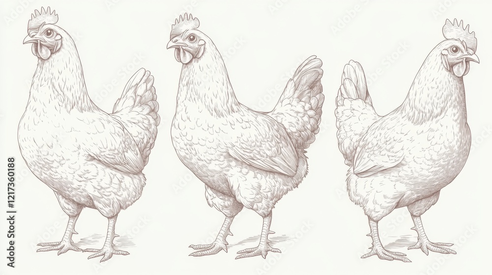 Fototapeta premium Detailed illustration of three chickens in various poses, showcasing their features and behavior