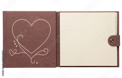 Open Soft-Cover Photo Album with Heart Design on White Background photo