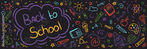 Back to school crayon blackboard with school supplies: books, pencil, sun, rocket. Welcome back to school background. Vector simple poster 