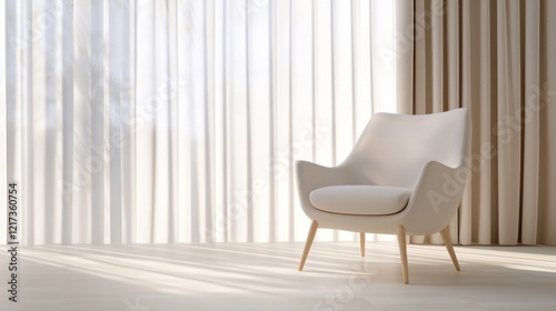 Modern armchair in front of a large window with sheer white curtains. the chair is white and has a curved backrest and armrests. photo