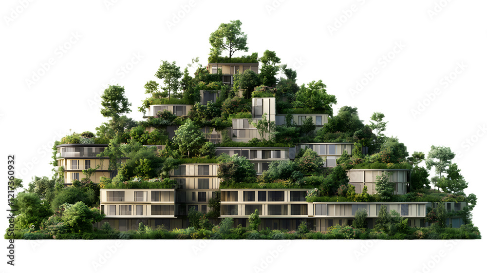 Eco-Friendly Urban Architecture with Green Roofs and Trees, Isolated on Transparent Background Eco-Friendly Urban Architecture with Green Roofs and Trees, Isolated on Transparent Background