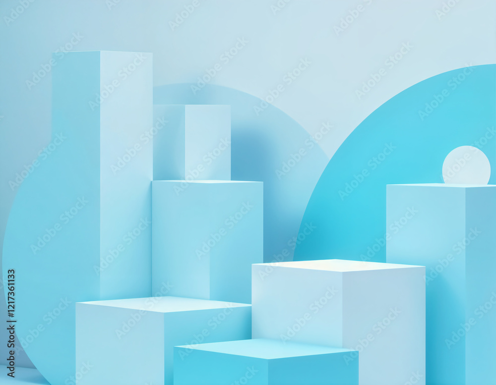 Pastel blue shelf background, geometric shapes of various sizes arranged on a soft, simple background. Pastel blue shelf background, geometric shapes of various sizes arranged on a soft, simple background.