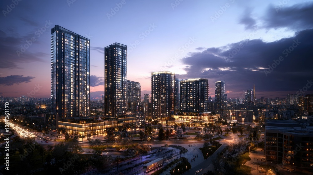 Fototapeta premium A nighttime urban scene featuring modern skyscrapers with sleek glass facades.