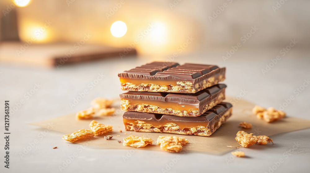 A broken chocolate bar revealing layers of crispy wafers and caramel, with a glowing kitchen environment blurred in the background