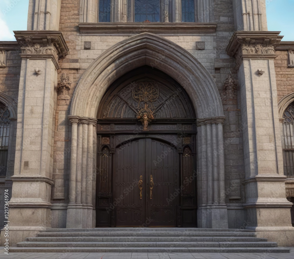 Grand entrance of tall church with imposing facade , stone, architecture Grand entrance of tall church with imposing facade , stone, architecture