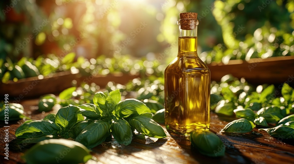 Golden oil bottle, basil, garden sunset