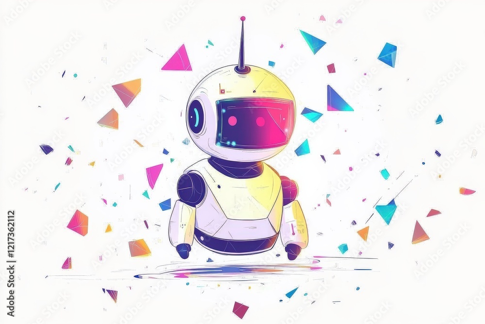 Obraz premium Whimsical Colorful Robot Surrounded by Geometric Shapes in a Vibrant Abstract Digital Art Piece Reflecting Futuristic Themes and Imagination