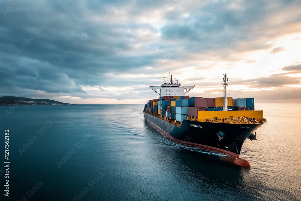 Naklejka premium Aerial view of sailing cargo ship in the ocean, Selective focus massive cargo ship with container box sail on the sea.
